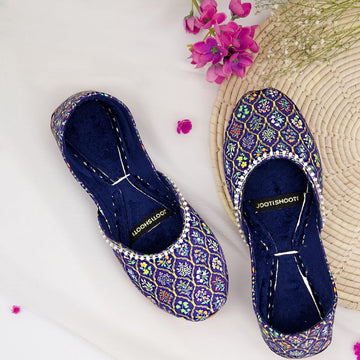 Mehfil – Navy Blue Khussas with Multicolored Print & Bead Detailing For Women